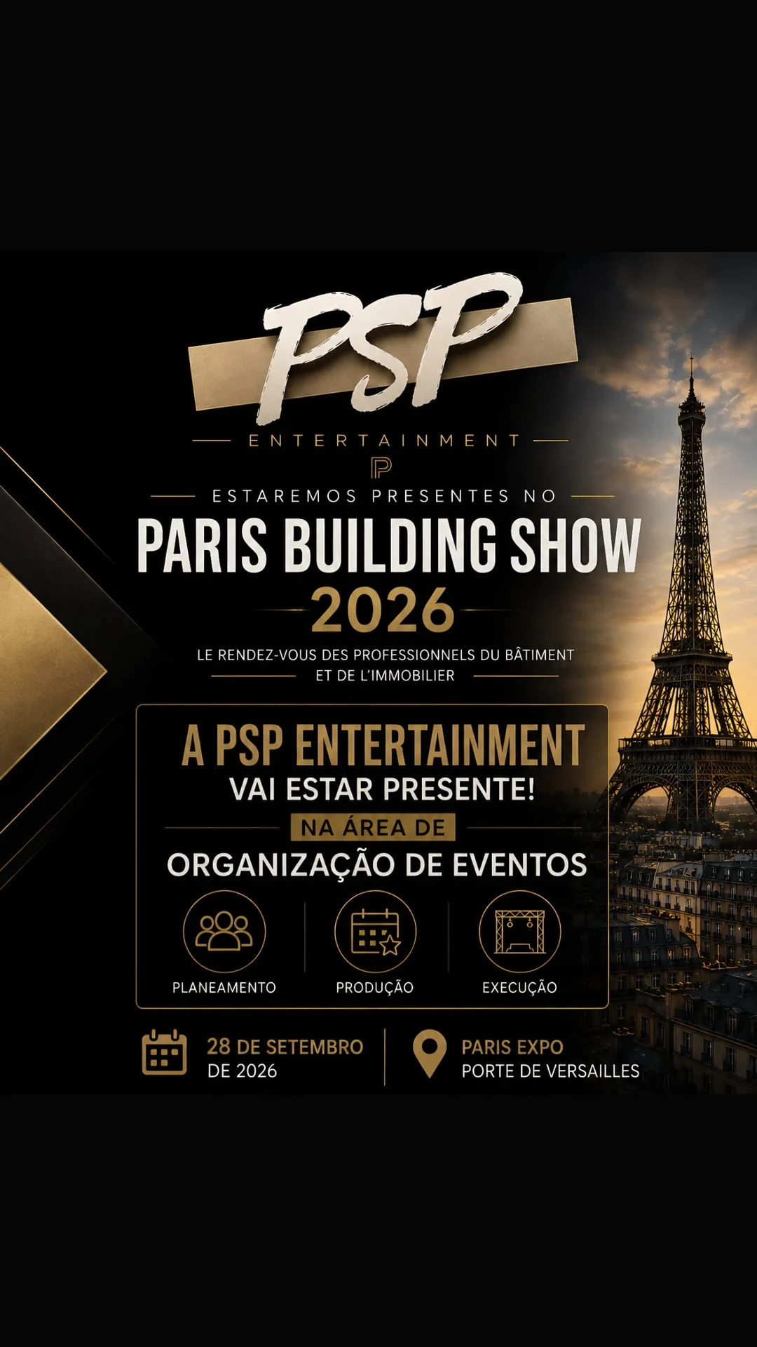 Cartaz da participação da PSP Entertainment no Paris Building Show 2026, em 28 de setembro, na Paris Expo Porte de Versailles